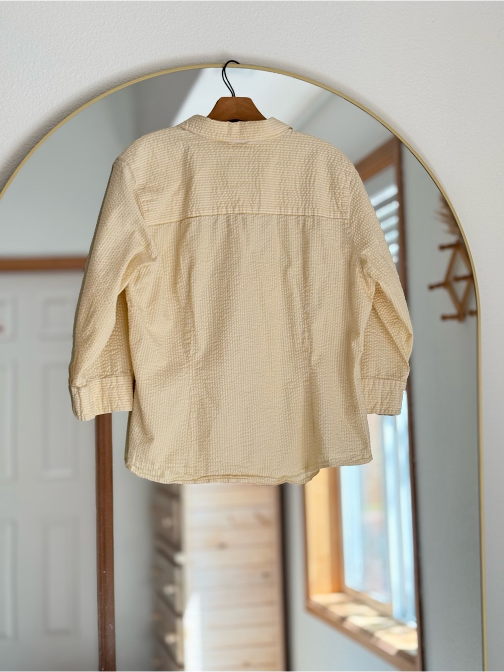 LL Bean Seersucker Butter Yellow Button Striped Coastal Top (XL) - Picture 3 of 7